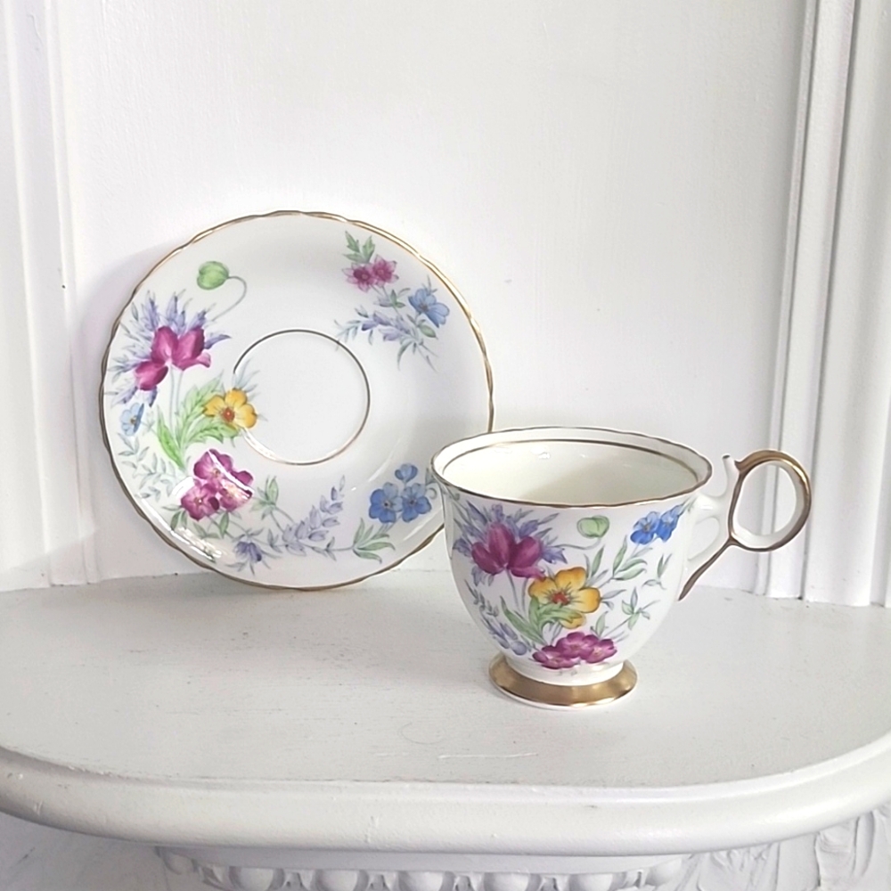 Handpainted Teacup Flowers Yellow, Pink, Blue Delphine Bone China Made in Englan